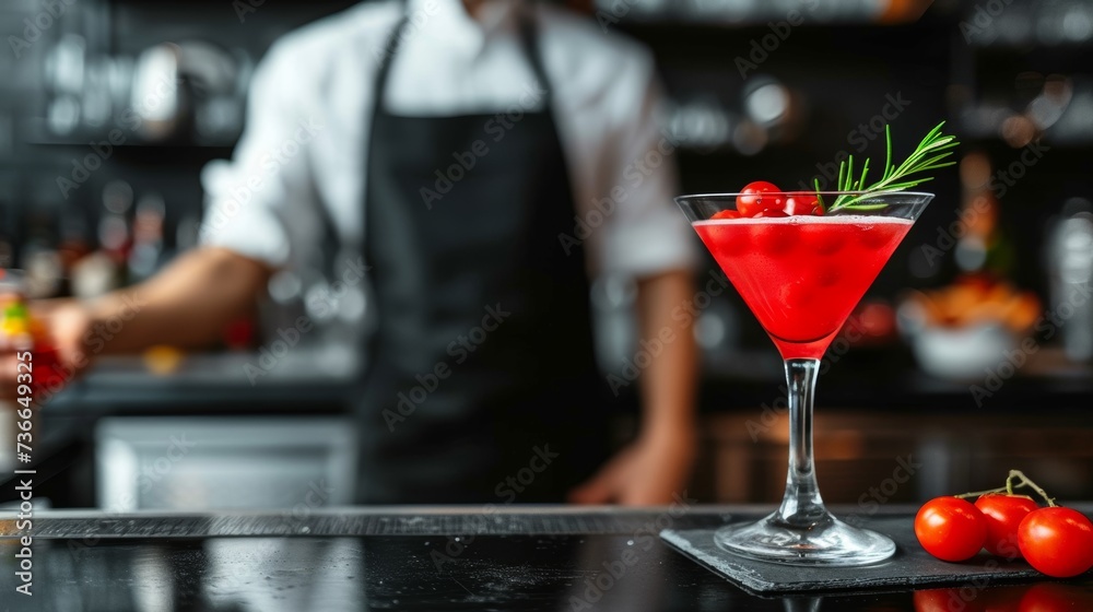 Bartender meticulously decorates a cocktail with copy space on blurred background