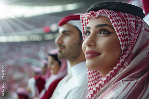 Qatar fans cheering on their team from the stands of sports stadium.