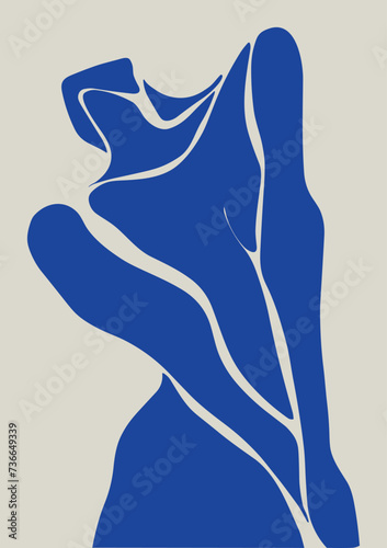 Abstract and creative fashionable woman silhouette. Female body, texture. Matisse style. Blue color. Wallpaper design, wall decor, print, cardboard, social media, cover. Vector illustration.