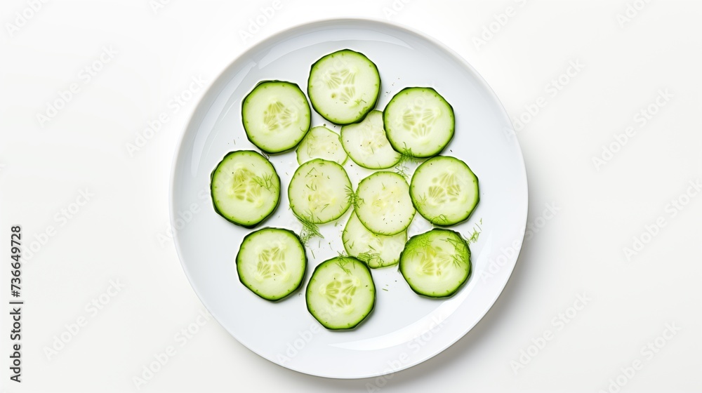 A cucumber positioned on a circular white plate against a white background, seen from above A cucumber positioned on a circular white plate against a white background, seen from above