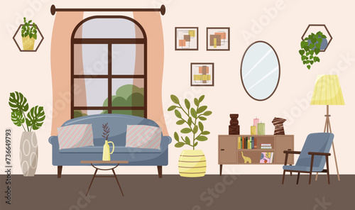 Modern living room interior. A sofa and an armchair, a window with curtains, a coffee table with a vase. A cabinet with shelves for accessories, candles and figurines. Flowers, mirror and paintings © Irina