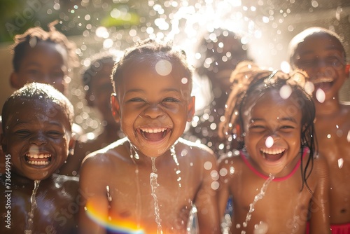 African children playing and having fun in the water. photo