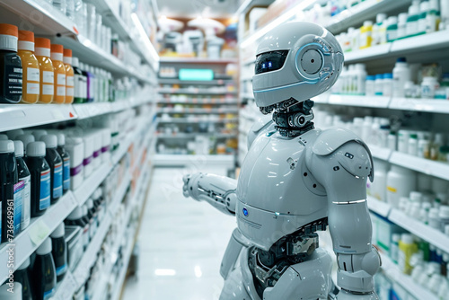robot as a pharmacist in a pharmacy, holding boxes with tablets, blurred background. Artificial intelect in future life. AI Generated