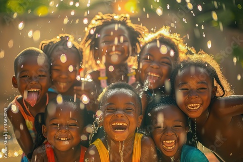 African children playing and having fun in the water.
