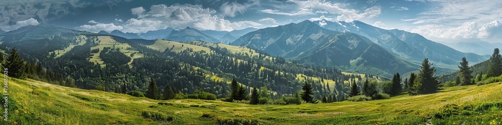 Panoramic view of a hilly landscape with lush green meadows and forests. Panoramic view of a hilly landscape with lush green meadows and forests.