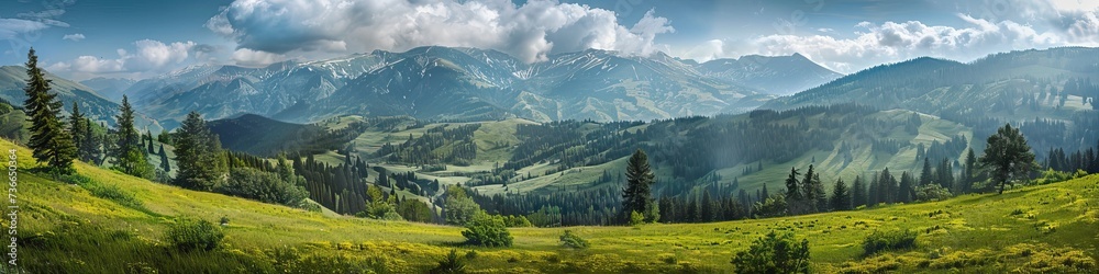 Fototapeta premium Panoramic view of a hilly landscape with lush green meadows and forests.