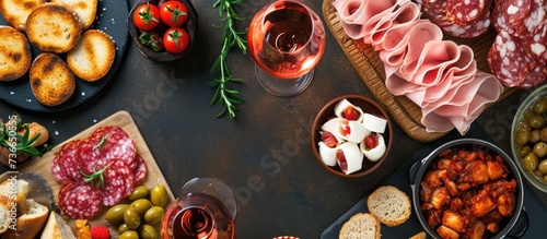 Mediterranean snacks and rose wine accompanied by various appetizers.
