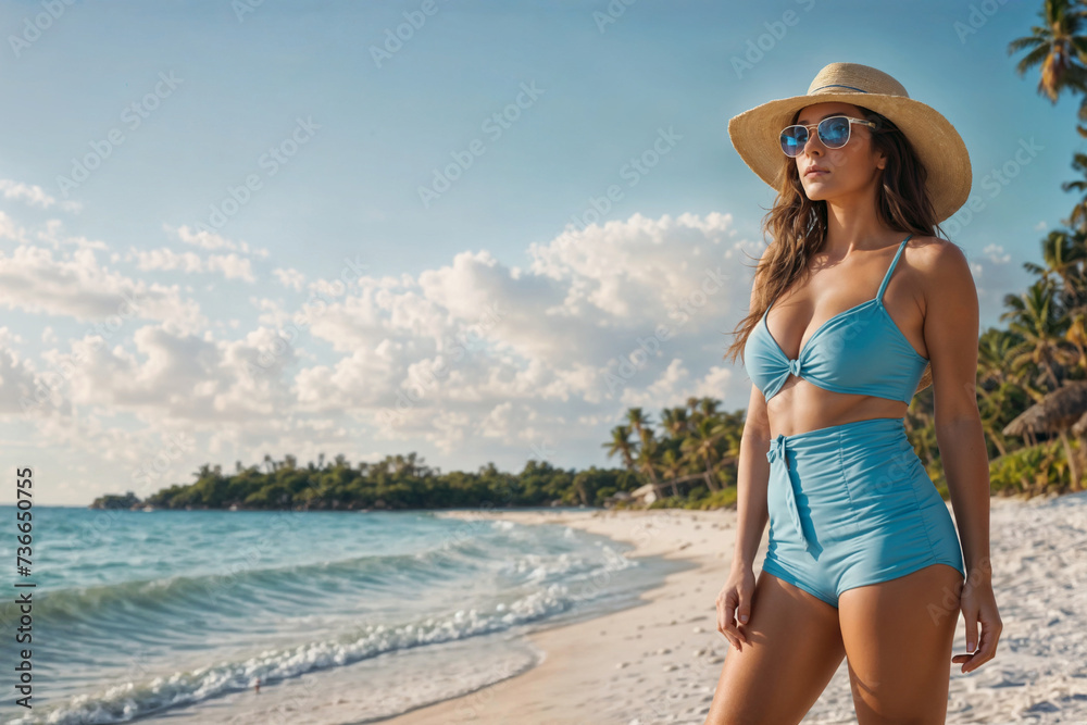 Beautiful young woman in bikini and hat on the beach with palms