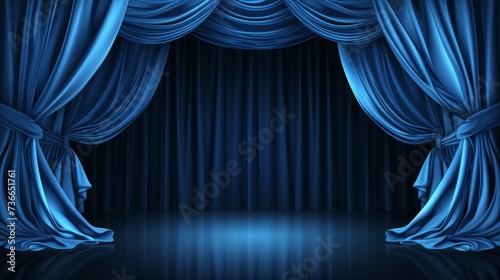 Dark blue theater curtains with spotlight on stage, theatrical drapery template illustration