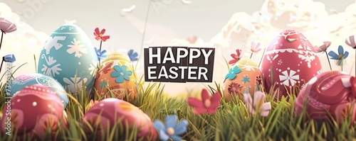 colorful eggs in the grass with happy easter written on a sign Generative AI photo