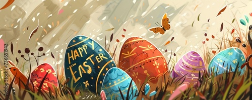 colorful eggs in the grass with happy easter written on it Generative AI photo