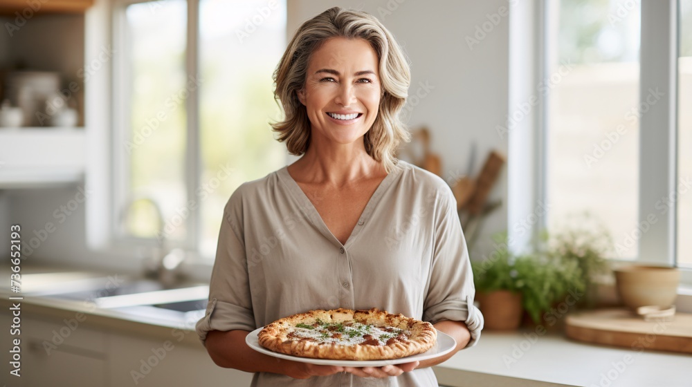 a woman holding a pizza