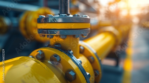 Fototapeta Naklejka Na Ścianę i Meble -  Gas pipelines, valves on distribution station under blue sky, yellow pipes with space for text.