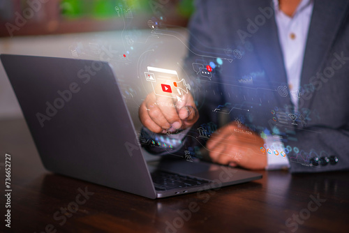 Digital marketing concept, businessman using laptop with Digital marketing on virtual screen display, online marketing, social, online.