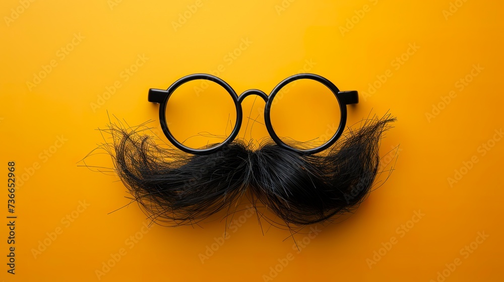 Illustration of a pair of comical glasses and mustache for April Fools' Day. Funny glasses in prank concept on yellow background. Happy April Fool's Day. - obrazy, fototapety, plakaty 
