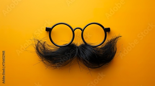 Illustration of a pair of comical glasses and mustache for April Fools' Day. Funny glasses in prank concept on yellow background. Happy April Fool's Day. photo