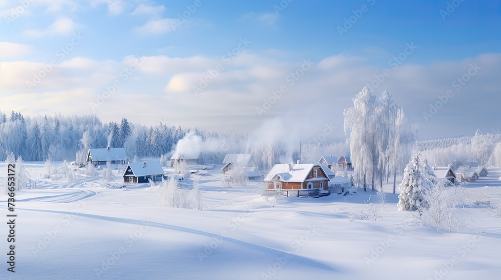 Photo winter landscape, (((snow and snowdrifts on the ground))), on the left ((sparse pine forest)), (on the right a tall snow-covered birch), in the background behind the trees of the forest is a vil Photo winter landscape, (((snow and snowdrifts on the ground))), on the left ((sparse pine forest)), (on the right a tall snow-covered birch), in the background behind the trees of the forest is a vil
