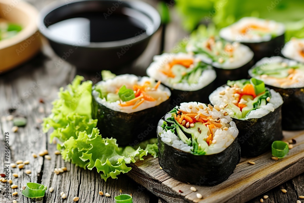 Asian cabbage roll and soy sauce on wooden background Asian cabbage roll and soy sauce on wooden background