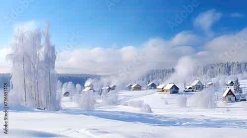 Photo winter landscape, (((snow and snowdrifts on the ground))), on the left ((sparse pine forest)), (on the right a tall snow-covered birch), in the background behind the trees of the forest is a vil