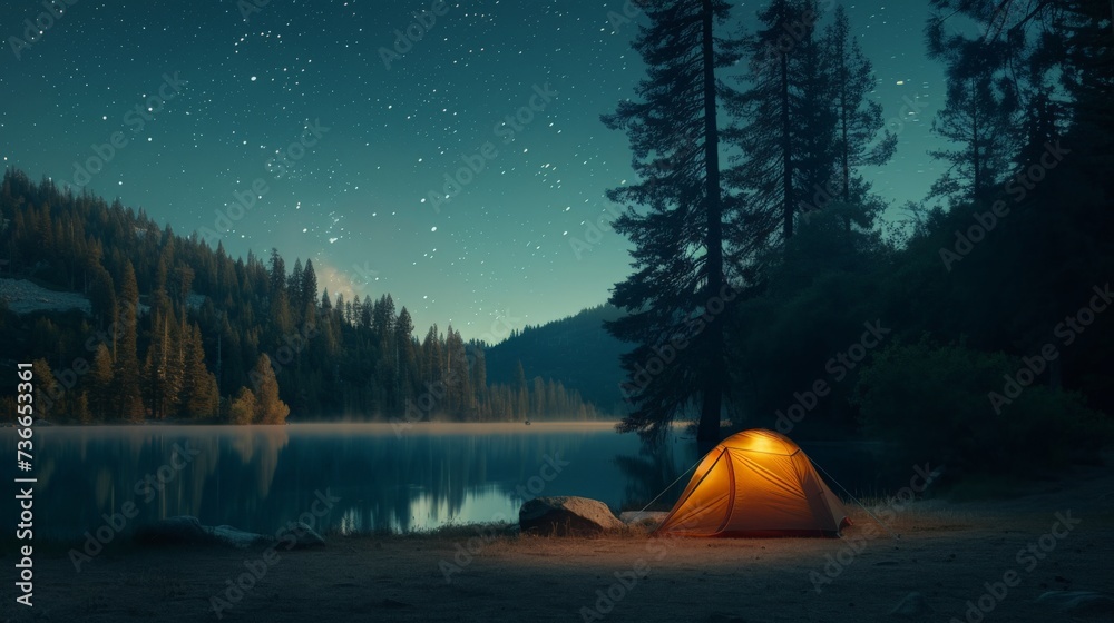 tent is lit up in a forest by a lake with stars above, camping in the outdoors