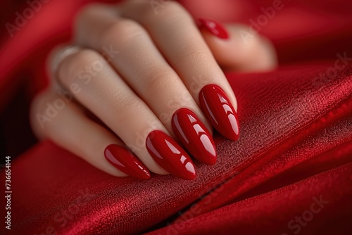 Woman hand with Red color nail polish on her fingernails, Red dress, red nail manicure with gel polish at luxury beauty salon. Nail art and design. Female hand model. French manicure