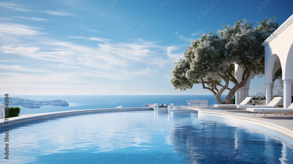 a pool with a tree and a view of the ocean