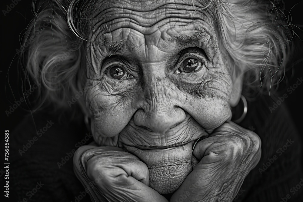 image of an elderly woman with a slight smile, black and white image of an elderly woman with a slight smile, black and white