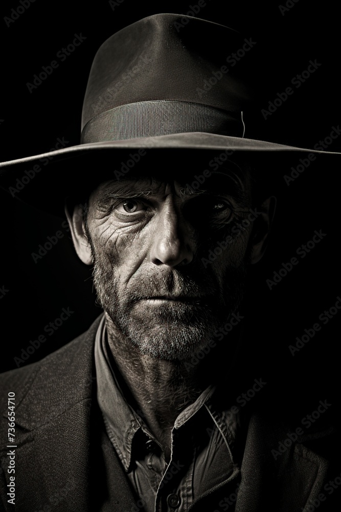 black and white, image of a very serious man wearing a hat black and white, image of a very serious man wearing a hat