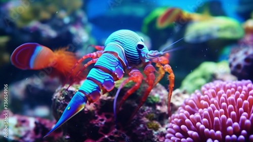 Colorful reef with a red mantis shrimp macro underwater Ai Generative photo