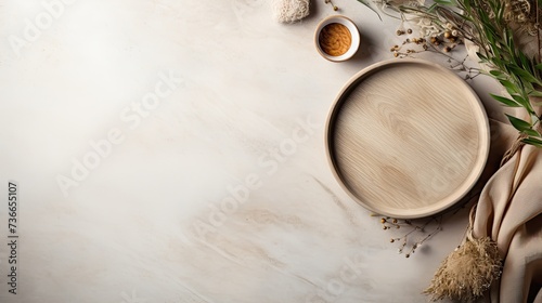 realistic boho empty table for mockup, top view, boho style, cute beiges, style photography