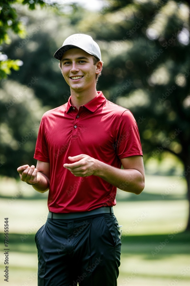 A professional golfer, posing on a golf range while wearing golf attire A professional golfer, posing on a golf range while wearing golf attire