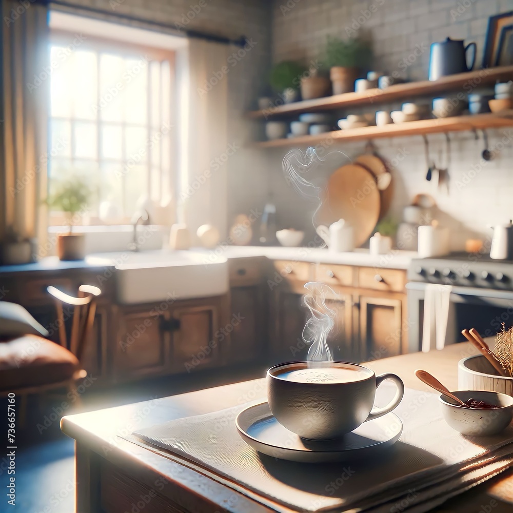 A serene moment of a morning coffee ritual, with a steaming cup on a table, inviting quiet reflection amidst the early light, embodying the simple joys. - obrazy, fototapety, plakaty 