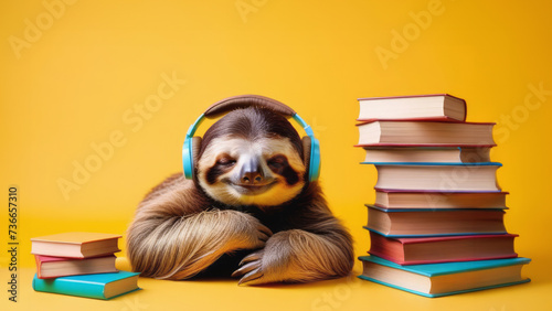 Sloth listens to music on headphones at his desk with textbooks. Education concept.