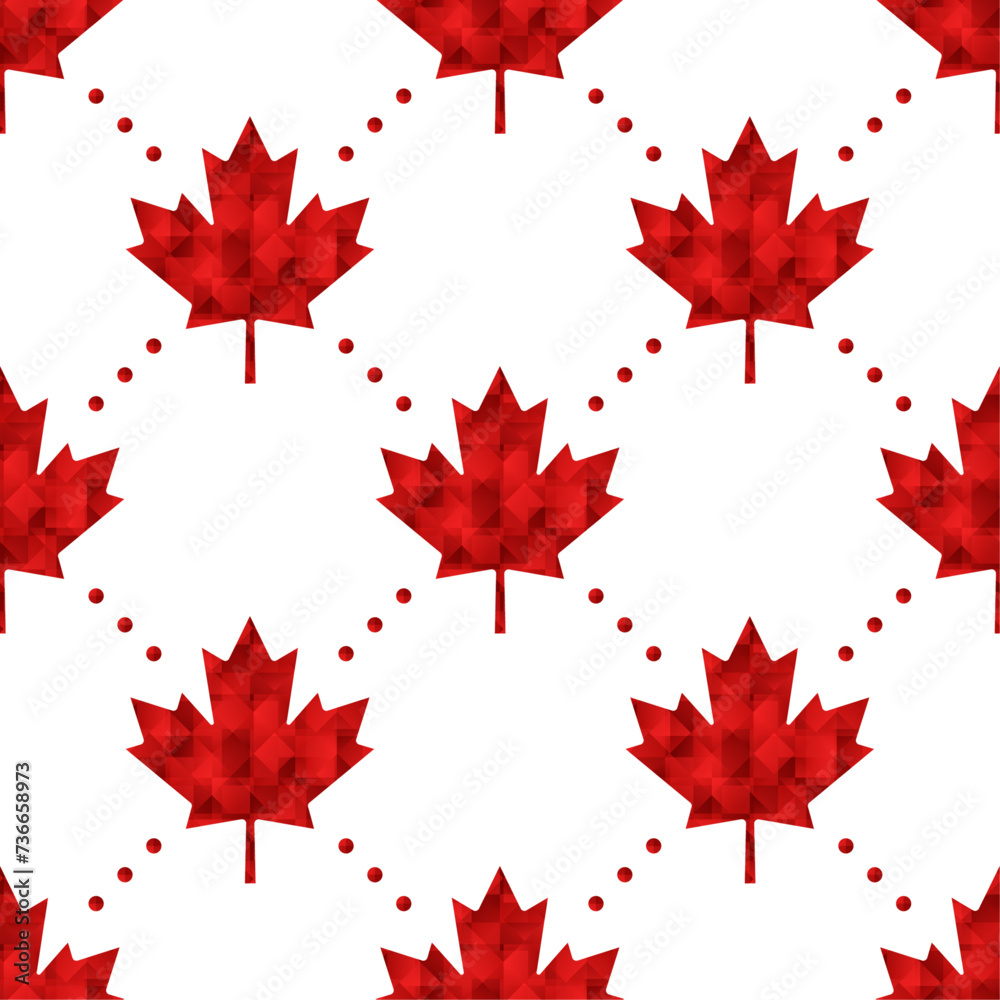 Canadian vector seamless pattern. Red polygonal maple leaves and dots on white background.