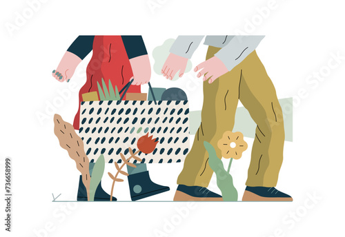 Mutual Support: Helping carry a heavy bag -modern flat vector concept illustration of a woman carrying shopping bag being assisted by man. Metaphor of voluntary, collaborative exchanges of services