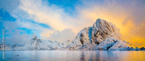 Fjord, mountains, fishing village, Hamnoy, Lofoten, Norway, Europe photo
