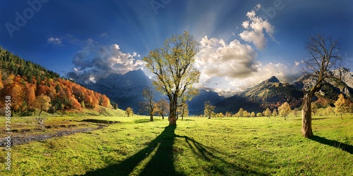 Grosser Ahornboden Panorama with autumnal colourful gnarled maple tree in low sun below the Spritzkar and Grubenkar Karwendel peaks with bizarre cloudy sky, Engalm, Engtal, Karwendel, Pertisau photo