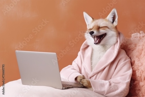 relaxed fox holds a laptop in his hands