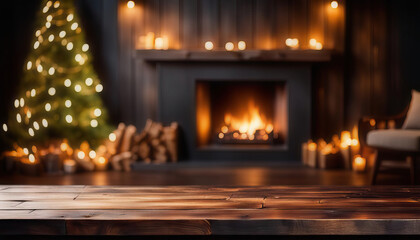 Table with christmas tree and fireplace with copy space