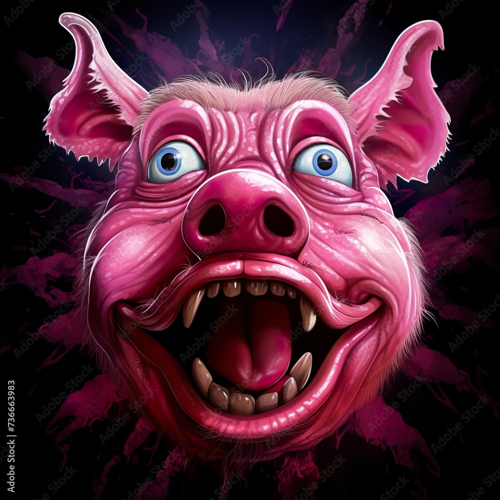 A vibrant 2D illustration of a pig with a crazy, scared expression full of surprise and agitation. Creative digital art of funny and chaotic piglet on black background. T-shirt art.