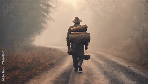 old man carrying chopped wood on his back in dense fog on a country road, view from the back, sunset 