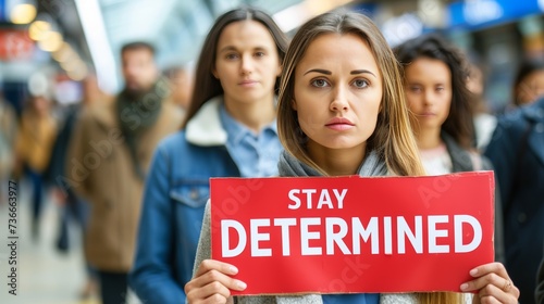 Motivational concept   woman holding sign  stay determined  on blurred background. © Ilja