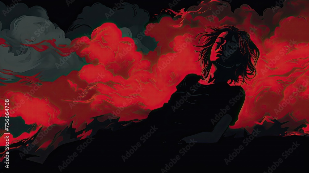 Silhouette, a girl sleeping in the clouds, moody sad dark atmosphere, black background, dark paintbrush, Red over black, 2D Silhouette, a girl sleeping in the clouds, moody sad dark atmosphere, black background, dark paintbrush, Red over black, 2D