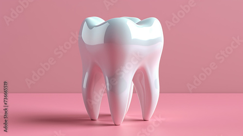 Tooth. Tooth 3D isolated on pink background. Model of a healthy tooth. 3D illustration of a tooth on a plain background with space for text.