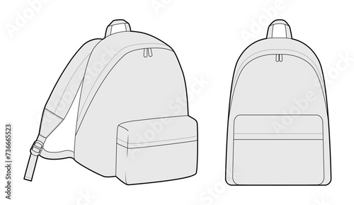 Explorer backpack silhouette bag. Fashion accessory technical illustration. Vector schoolbag front 3-4 view for Men, women, unisex style, flat handbag CAD mockup sketch outline isolated photo