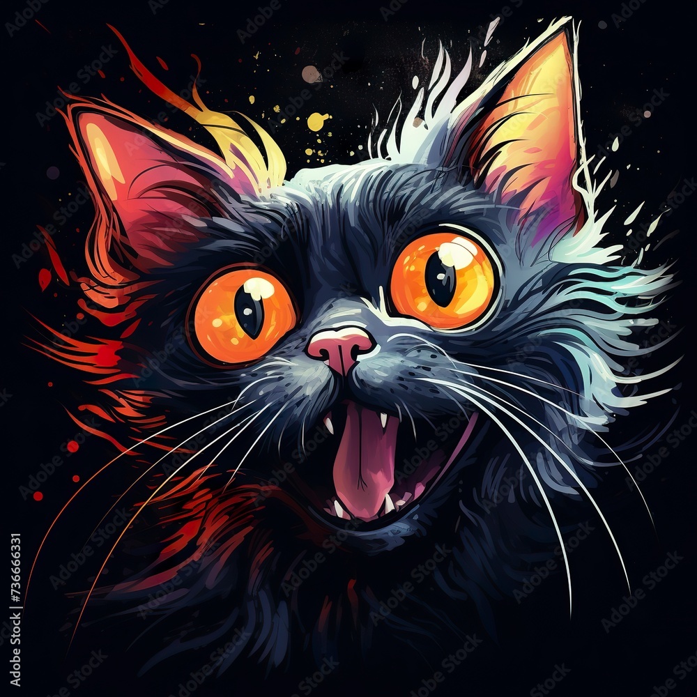 A vibrant 2D illustration of a cat with a crazy, scared expression full of surprise and agitation. Creative digital art of funny and chaotic kitten on black background. T-shirt art.