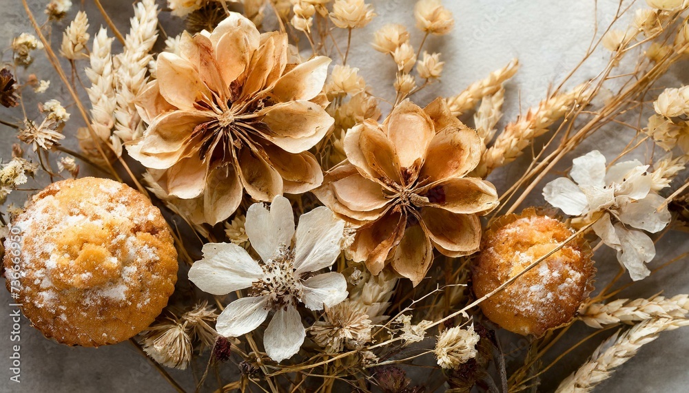 Horizontal background with delicious cake and dry flowers and herbs. Boho style Horizontal background with delicious cake and dry flowers and herbs. Boho style