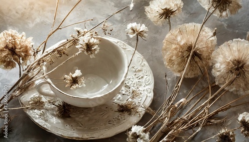 A background with white stylish ceramics and dried flowers. Boho style photo