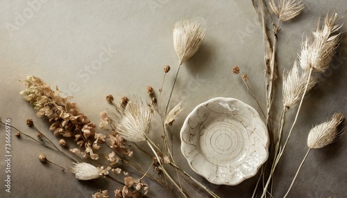 A background with white stylish ceramics and dried flowers. Boho style photo