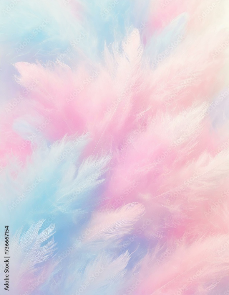 Vertical background with fluffy pastel feathers of light pink and blue colors
